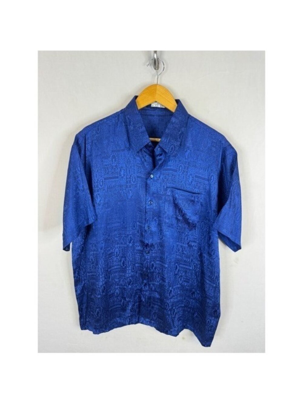 Thai Silk Royal Blue Jacquard Short Sleeve Button Down Shirt Mens XL